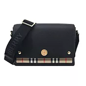 BURBERRY  Horseferry小牛皮格紋帆布飾邊斜背包 黑色
