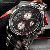 FERRARI法拉利精品錶,編號：FE00098,48mm圓形黑精鋼錶殼黑色錶盤精鋼銀黑相間錶帶