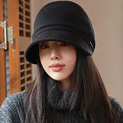 seoul show首爾秀   質感拼接金屬字母漁夫帽挺版小臉堆堆帽防寒保暖貝雷帽  黑色