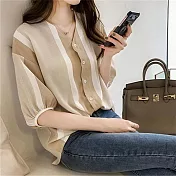 【BJ COLLECTION】日系原宿V領拼色個性寬條紋襯衫 BJC30002 M 棕色