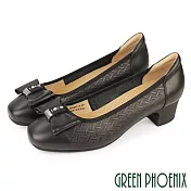 【GREEN PHOENIX】女 跟鞋 包鞋 粗跟 真皮 方頭 蝴蝶結 OL 通勤 面試 EU34 黑色