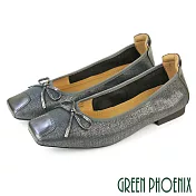 【GREEN PHOENIX】女 娃娃鞋 包鞋 便鞋 低跟 方頭 全真皮 羊皮 通勤 OL 上班 EU35 灰藍色