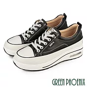 【GREEN PHOENIX】女 休閒鞋 厚底鞋 懶人鞋 真皮 氣墊 輕量 免綁鞋帶 顯瘦 JP22.5 黑色