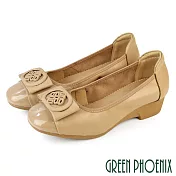 【GREEN PHOENIX】女 楔型鞋 跟鞋 包鞋 粗跟 真皮 漆皮 方頭 蝴蝶結 OL 通勤 面試 JP23 杏色
