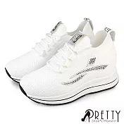 【Pretty】女 休閒鞋 懶人鞋 內增高 厚底 襪套 顯瘦 水鑽 EU36 白色