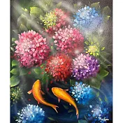 【玲廊滿藝】曾啟文-錦鯉悠遊繡球花叢60x50cm