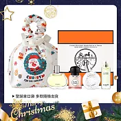 HERMES 愛馬仕 小香禮盒四入組[絲巾+尼羅河花園+橘彩星光+巴赫尼](7.5mlX4)+聖誕束口收納袋-交換禮物-國際航空版