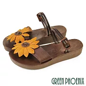 【GREEN PHOENIX】女 拖鞋 夾腳拖鞋 厚底拖鞋 全真皮 花朵 手工 台灣製 EU35 黃色