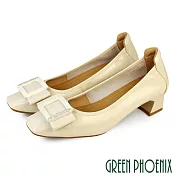【GREEN PHOENIX】女 跟鞋 粗跟 包鞋 真皮 羊皮 方頭 蝴蝶結 EU35 米色
