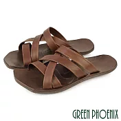 【GREEN PHOENIX】男 拖鞋 平底拖鞋 真皮 交叉 手工 室內 室外 EU39 咖啡色