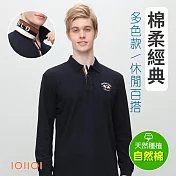 歐洲貴族IOIIOI 男裝 長袖翻領設計 刺繡POLO衫 紳士商務休閒 M 藍色