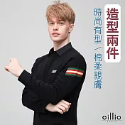 歐洲貴族oillio 長袖休閒商務POLO衫 造型兩件 超柔彈力 舒適穿著 M 黑色