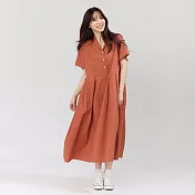 好我_Nicole有領短袖箱褶洋裝 FREE 磚紅