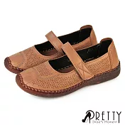 【Pretty】女 休閒鞋 便鞋 瑪莉珍 媽媽鞋 平底鞋 沾黏 JP23 卡其色