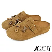 【Pretty】女 懶人拖鞋 半拖鞋 包頭拖鞋 穆勒鞋 前包後空鞋 仿麂皮 JP24.5 卡其色