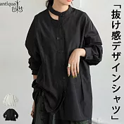 日本Antiqua｜限量新款｜必備設計師款襯衫｜瀟灑百搭｜雙小排扣拉長臉部線條｜醒目開衩立領｜搭配褲裝、裙裝、吊帶裝 FREE 黑