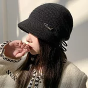 seoul show首爾秀   抽繩鑽標兔毛混紡雙層針織鴨舌帽防寒保暖堆堆帽  黑色