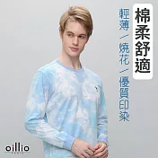oillio歐洲貴族 長袖圓領衫 輕薄T恤 精緻燒花 渲染色系 M 藍色