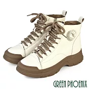 【GREEN PHOENIX】女 休閒鞋 休閒靴 短靴 綁帶 厚底 真皮 JP24 卡其色