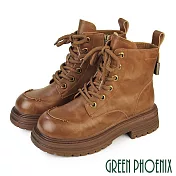 【GREEN PHOENIX】女 短靴 軍靴 馬丁靴 綁帶 厚底 真皮 油蠟 仿舊 JP23 棕色