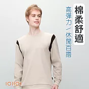 IOIIOI歐洲貴族 長袖圓領衫 T恤 顯瘦肩膀設計 華夫格紋理 卡其色 M 卡其色