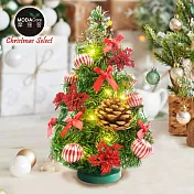 摩達客-台灣製1尺30cm精緻綠色聖誕樹+聖誕花紅系裝飾品組_免組裝+20燈LED銅線燈串暖白光-USB電池盒兩用