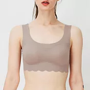 日本【GUNZE郡是】Fitte 新款 無痕無縫 服貼不緊勒 W支撐 無鋼圈胸罩 下擺花邊 M 面紗褐