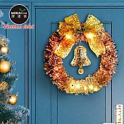 摩達客14吋優雅香檳玫金系金蔥彎絲聖誕花圈+20燈LED暖白光燈串_本島免運費