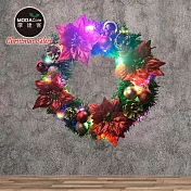 摩達客14吋浪漫朵朵聖誕花豪華綠色聖誕花圈福臨圈_紅金系+20燈LED彩光燈串_本島免運費