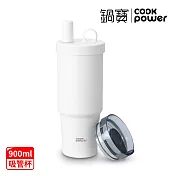 【CookPower 鍋寶】純白系_珍珠粗吸管陶瓷雙蓋雙飲杯900ml 純白系