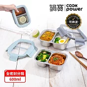 【CookPower 鍋寶】Snapiro可微波316L不鏽鋼分隔保鮮盒600ml+900ml 灰+藍