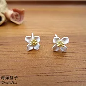 ☆§海洋盒子§☆優雅霧銀雙色梔子花S999足銀純銀耳環.穿針式耳環