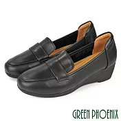 【GREEN PHOENIX】女 樂福鞋 便鞋 楔型鞋 小坡跟 全真皮 OL 通勤 EU35 黑色