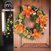 摩達客14吋浪漫朵朵聖誕花豪華綠色聖誕花圈福臨圈_珊瑚紅橙金系_台灣工藝免組裝