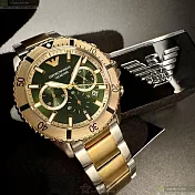 ARMANI阿曼尼精品錶,編號：AR00080,44mm金色精鋼錶殼墨綠色錶盤精鋼金銀相間錶帶