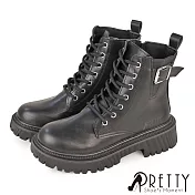 【Pretty】女 短靴 軍靴 馬丁靴 綁帶 側拉鍊 厚底 搖滾風 EU37 黑色