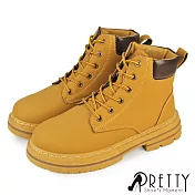 【Pretty】男 短靴 黃靴 工程靴 馬丁靴 綁帶 厚底 休閒 EU40 卡其色