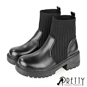 【Pretty】女 短靴 襪靴 襪套靴 羅紋針織 鋸齒厚底 EU36 黑色