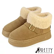 【Pretty】女 雪靴 短靴 厚刷毛 鋪毛 絨毛 保暖 厚底 EU36 卡其色