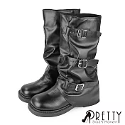 【Pretty】女 中筒靴 褲管靴 鯊魚靴 堆堆靴 皺皺靴 粗跟 皮帶釦 EU36 黑色