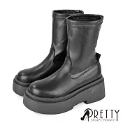 【Pretty】女 中筒靴 馬靴 機車靴 鬆糕厚底 顯瘦 韓系 JP23 黑色