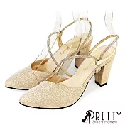 【Pretty】女 高跟鞋 涼鞋 金蔥 水鑽 尖頭 宴會 台灣製 JP22.5 金色