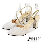 【Pretty】女 高跟鞋 涼鞋 金蔥 水鑽 尖頭 宴會 台灣製 JP22.5 銀色
