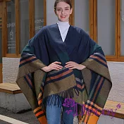 【Decoy】復古流蘇 人字紋保暖加厚披肩綁帶斗篷/藏青 藏青