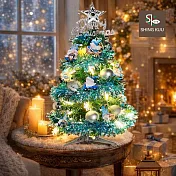 心可樂活-2尺60cm小美好套裝聖誕樹+5號藍白聖誕老公公彩繪木片飾品組+LED暖白光20燈雪花燈串