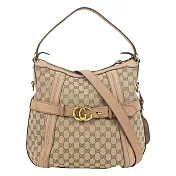 GUCCI 金色GG Logo 緹花布及皮革肩背/斜背包_展示品 (卡其/粉膚)