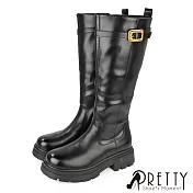【Pretty】女 長靴 馬靴 騎士靴 貼腿靴 顯瘦 拉鍊 增高 厚底 JP23.5 黑色