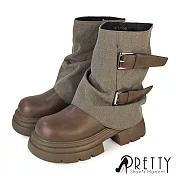 【Pretty】女 中筒靴 堆堆靴 皺皺靴 褲管靴 鯊魚靴 厚底 皮帶釦 JP23 咖啡色