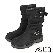 【Pretty】女 中筒靴 貼腿靴 機車靴 騎士靴 厚底 抓皺 皮帶釦 JP23 黑色