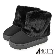 【Pretty】女 雪靴 短靴 毛靴 鋪毛 絨毛 厚刷毛 保暖 厚底 EU36 黑色